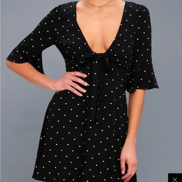 Free People All Yours Black White Polka Dot Butterfly Sleeve Tie Chest Dress 2 - Picture 1 of 6